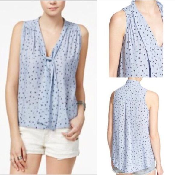 FREE PEOPLE Sleeveless Tie Front Tank Top Blue Floral Medium - Picture 1 of 6